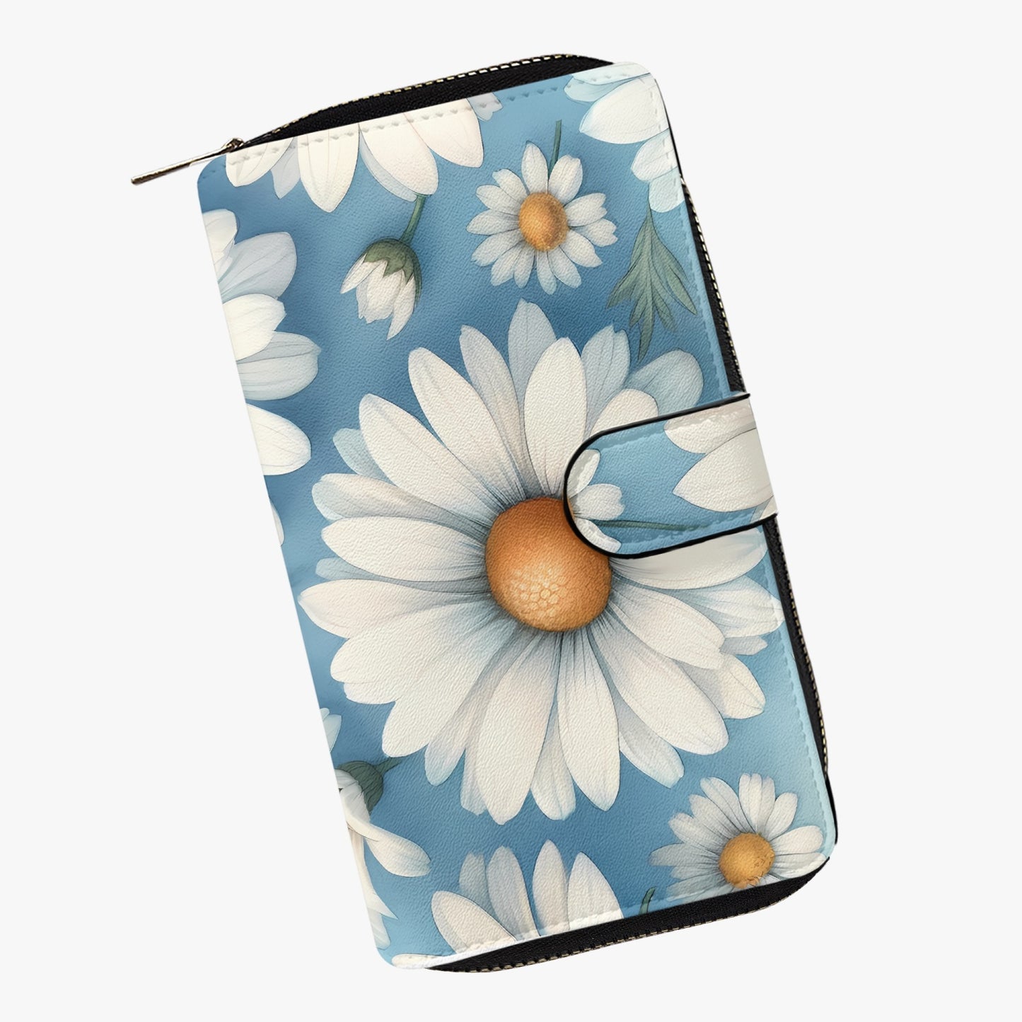 Blue with white flowers | Long Leather Wallet - Kim’s Signature Beauty & Accessories    