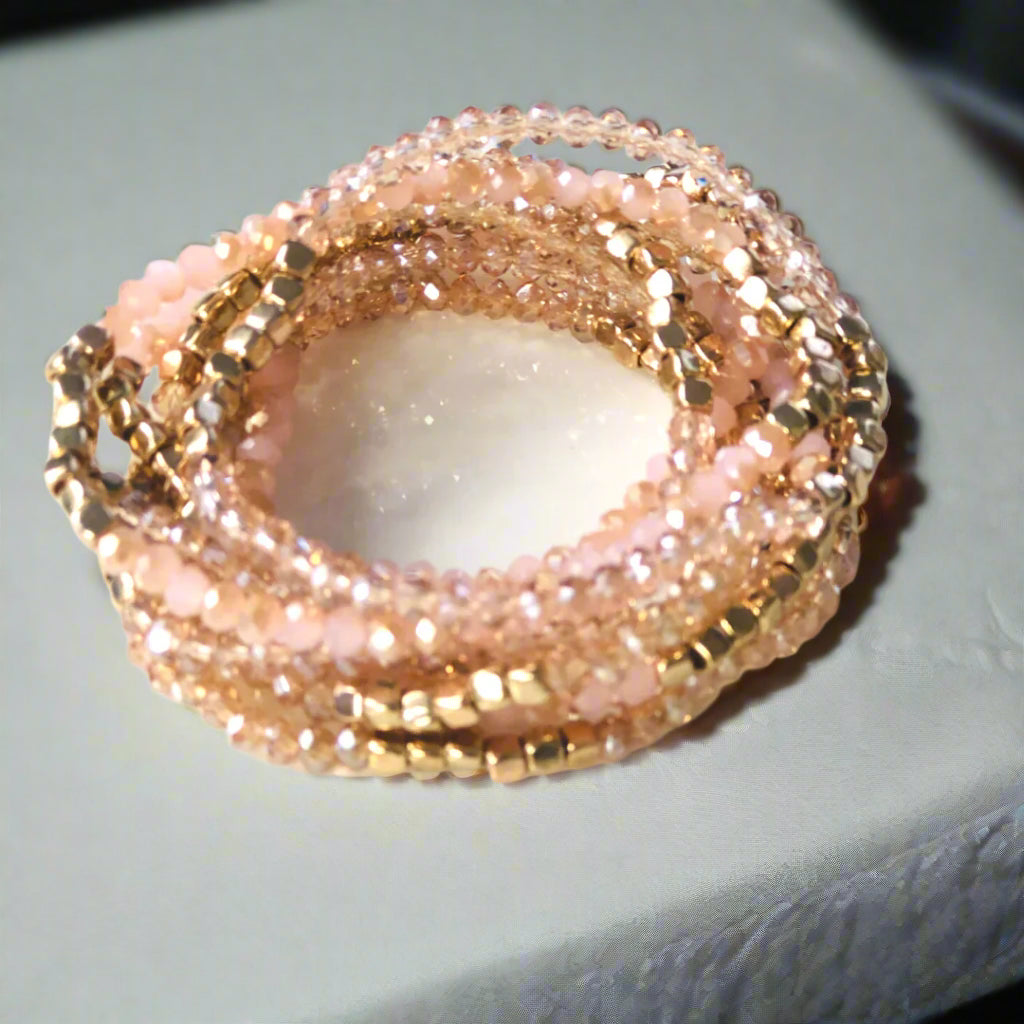Blush & Gold Beaded Bracelet Set – Stackable Stretch Bracelets (Set of 12) - Kim’s Signature Beauty & Accessories    