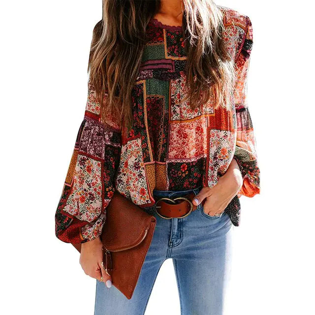 Bohemian Print Loose Sleeve Blouse - Kim’s Signature Beauty & Accessories    