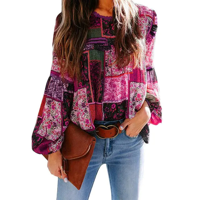 Bohemian Print Loose Sleeve Blouse - Kim’s Signature Beauty & Accessories    