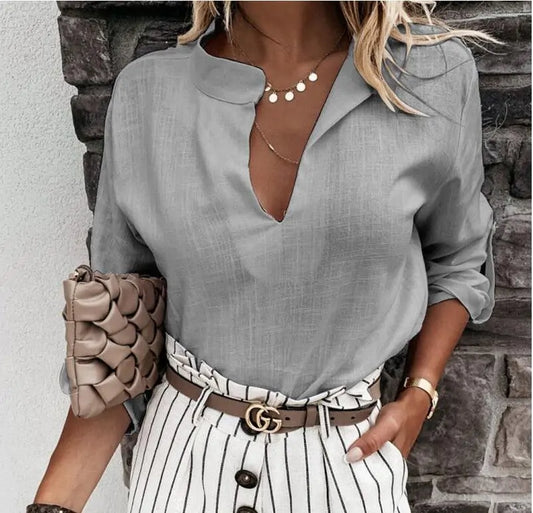 Elegant Adjustable Sleeve V-Neck Blouse - Kim’s Signature Beauty & Accessories    