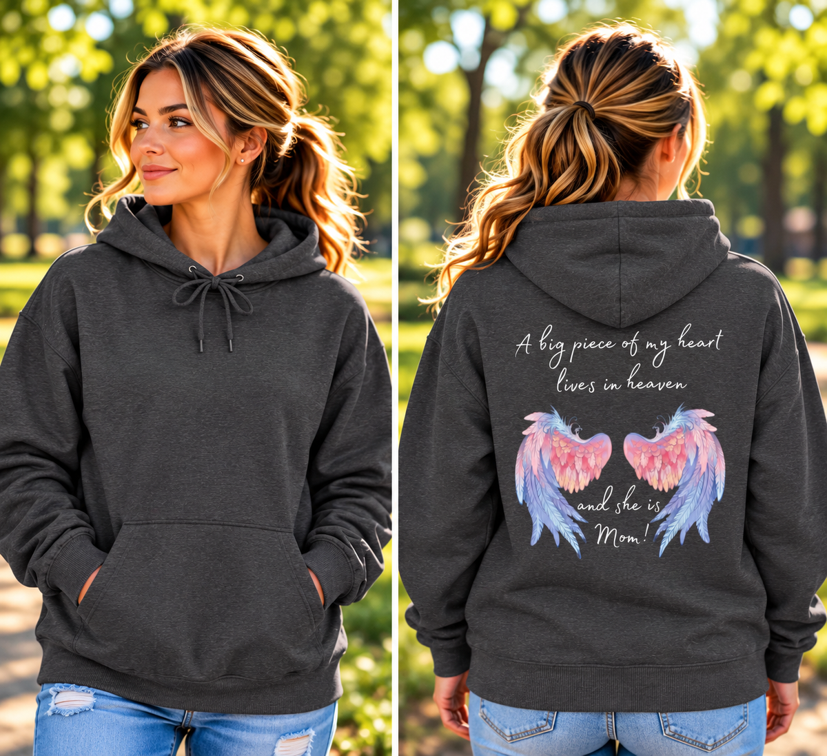 A woman modeling a dark charcoal gray hoodie in a park, shown from both the front and back. The front view shows the classic pullover design with drawstrings and a kangaroo pocket.