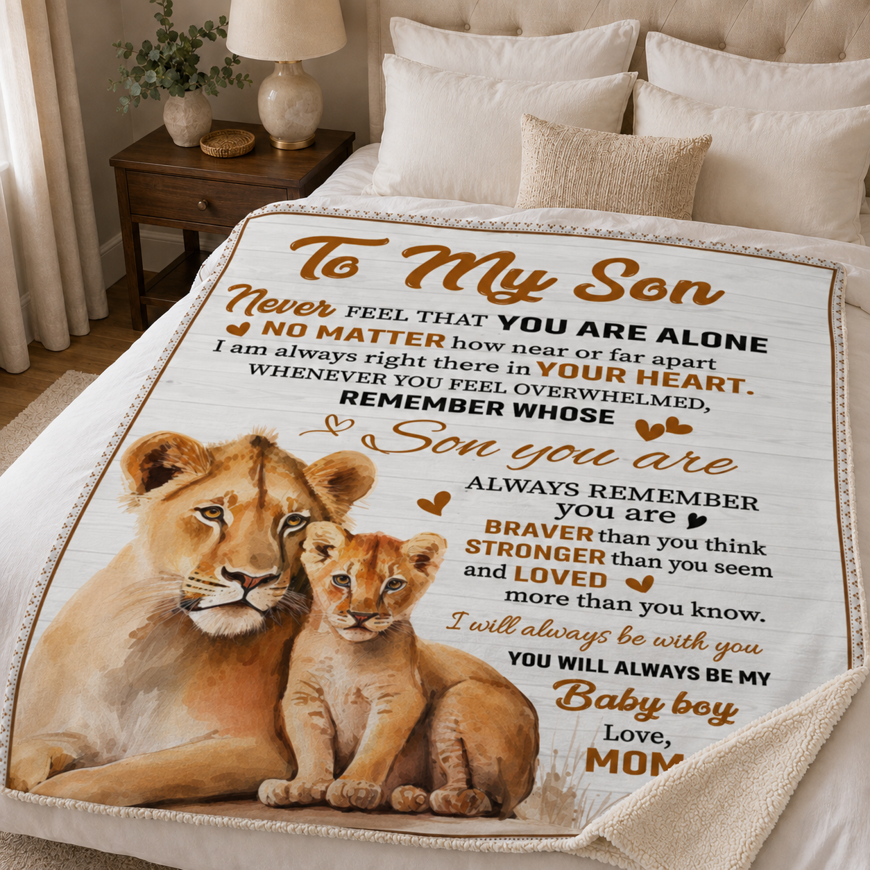 A bed in a softly lit bedroom displays a large printed comforter or quilt featuring a lion cub and lion graphic with sentimental text addressed to a son. The bedding is styled with white pillows and a neutral headboard, with a bedside table and lamp visible in the background.