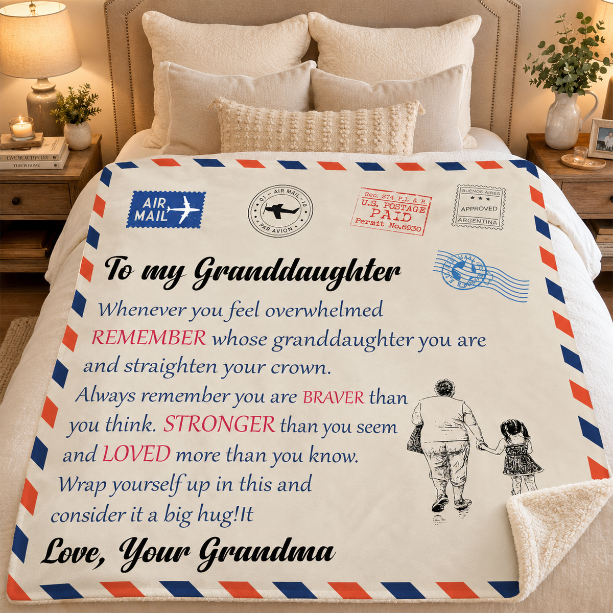A cream-colored fleece blanket with a printed personalized letter in a vintage airmail envelope design, shown draped over a bed in a styled bedroom setting.