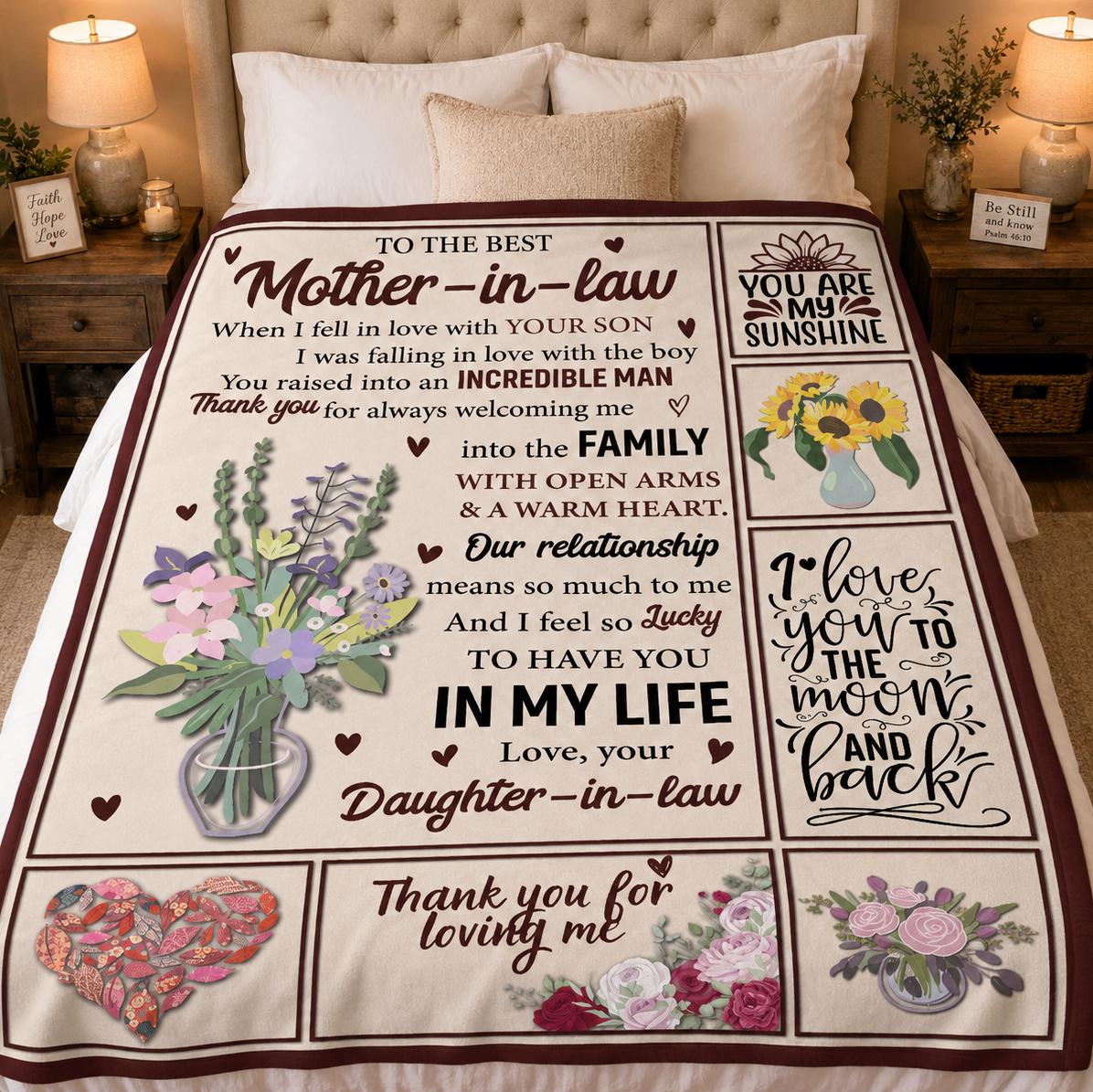 A custom printed mother-in-law and daughter-in-law fleece blanket displayed on a bed in a cozy, symmetrically styled bedroom. The blanket features a cream background with dark red borders and multiple floral illustrations, including sunflowers, lavender, and roses, alongside sentimental text messages.
