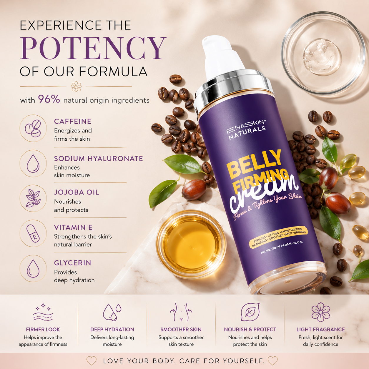 Enaskin Naturals Belly Firming Cream | Hydrating Skin Tightening Cream for Abdomen, Arms & Thighs