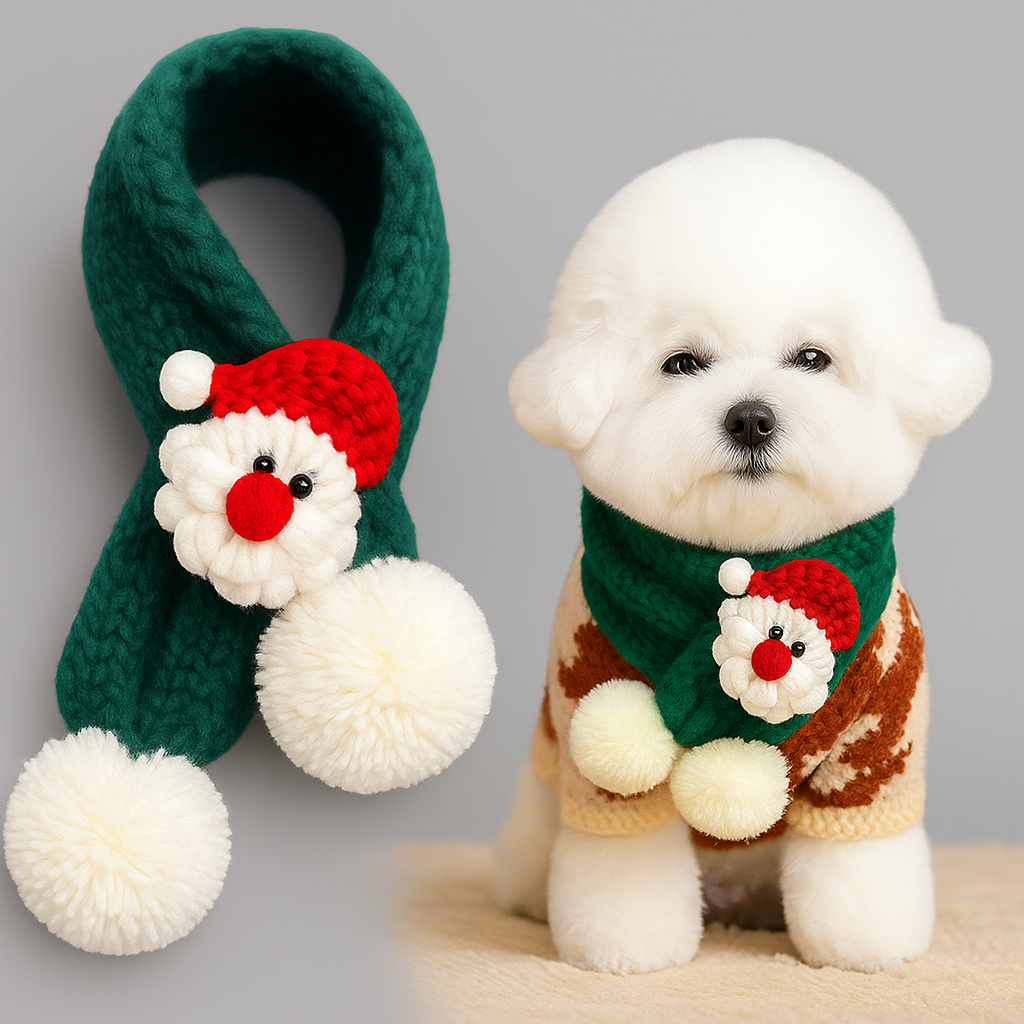 Dog wearing a green scarf with a snowman design next to a matching green scarf on a gray background