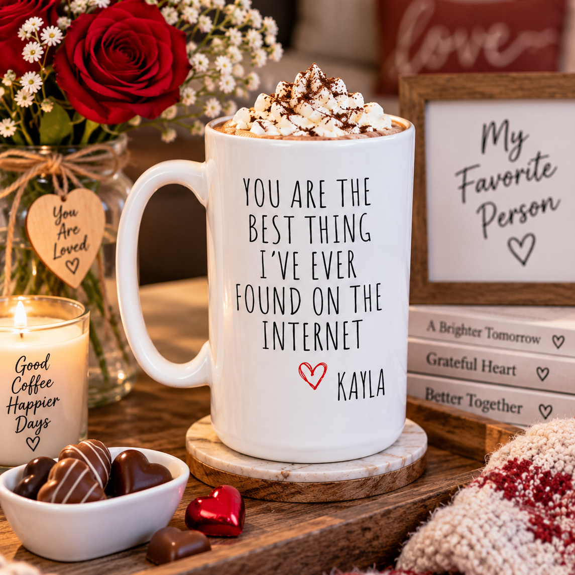 15 oz love mug displayed with cocoa 