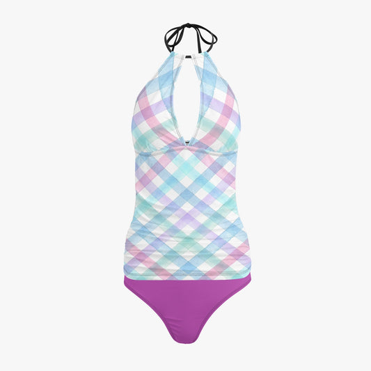 Colorful Checks | Halter Top Two-Piece Tankini Swimsuit - Kim’s Signature Beauty & Accessories    