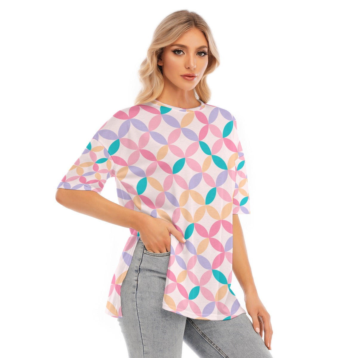 Colorful Graphic T-shirt With Hem Split - Kim’s Signature Beauty & Accessories    