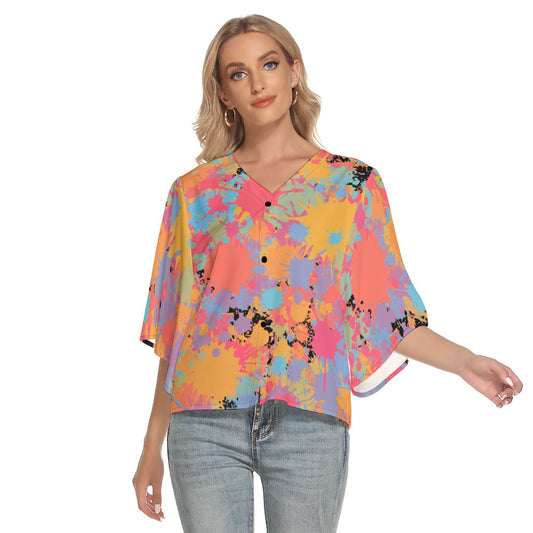 Cool Splash Bat Sleeve Light V-neck Front Buttoned Top - Kim’s Signature Beauty & Accessories    