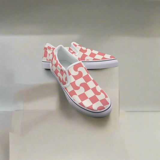 Coral Checkerboard Swirl Slip-On Canvas Shoes - Kim’s Signature Beauty & Accessories    