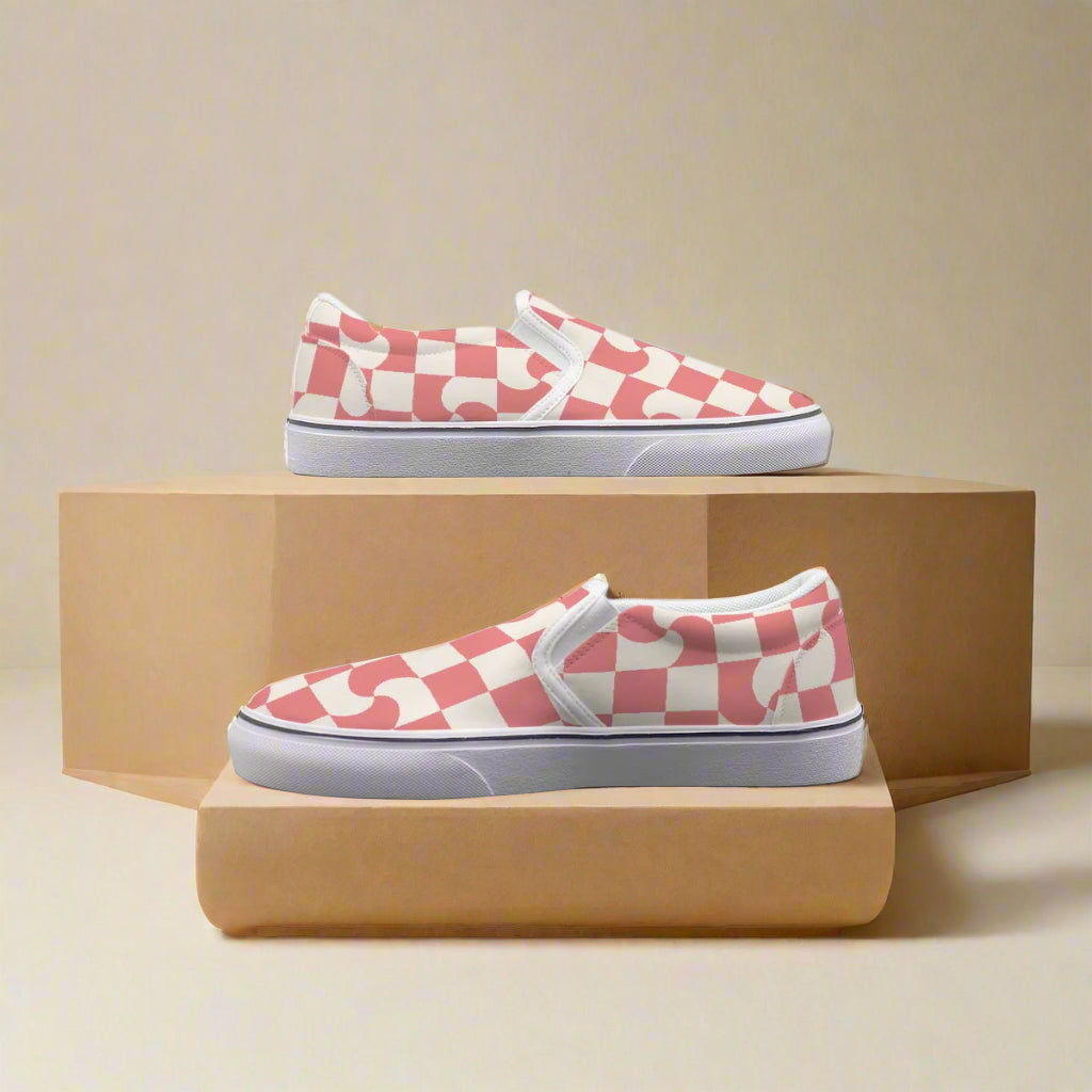 Coral Checkerboard Swirl Slip-On Canvas Shoes - Kim’s Signature Beauty & Accessories    