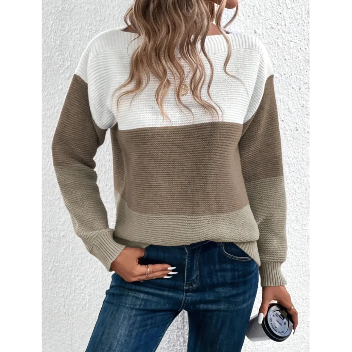 Cozy Color Block Knit Sweater – Round Neck Spliced Pullover - Kim’s Signature Beauty & Accessories    
