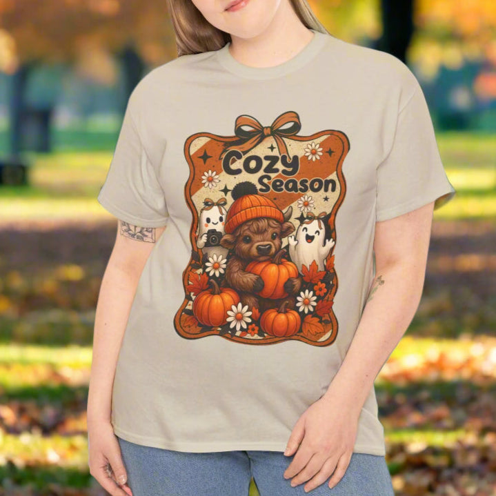 Cozy Season Highland Cow Fall T-Shirt for Pumpkin & Ghost Lovers - Kim’s Signature Beauty & Accessories    