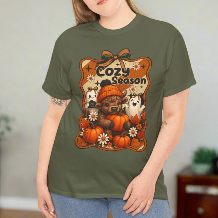 Cozy Season Highland Cow Fall T-Shirt for Pumpkin & Ghost Lovers - Kim’s Signature Beauty & Accessories    
