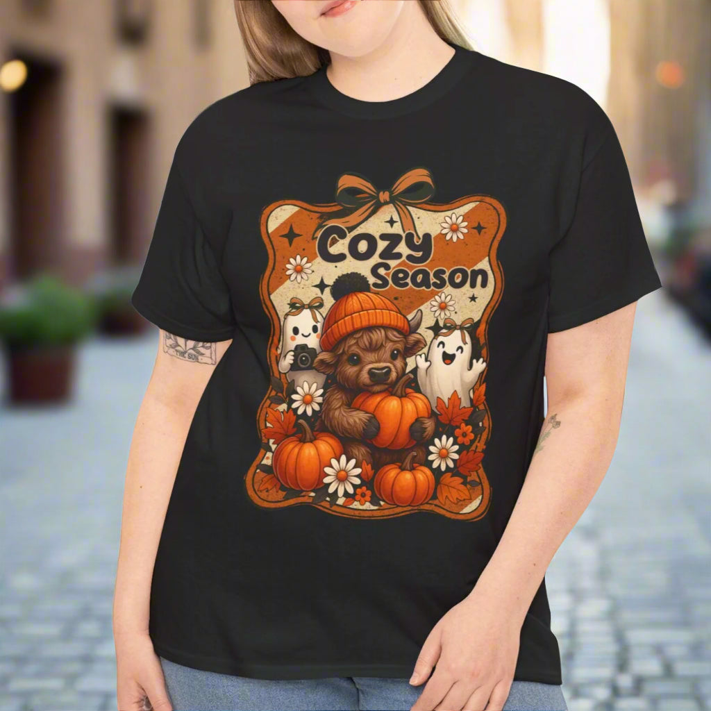 Cozy Season Highland Cow Fall T-Shirt for Pumpkin & Ghost Lovers - Kim’s Signature Beauty & Accessories    