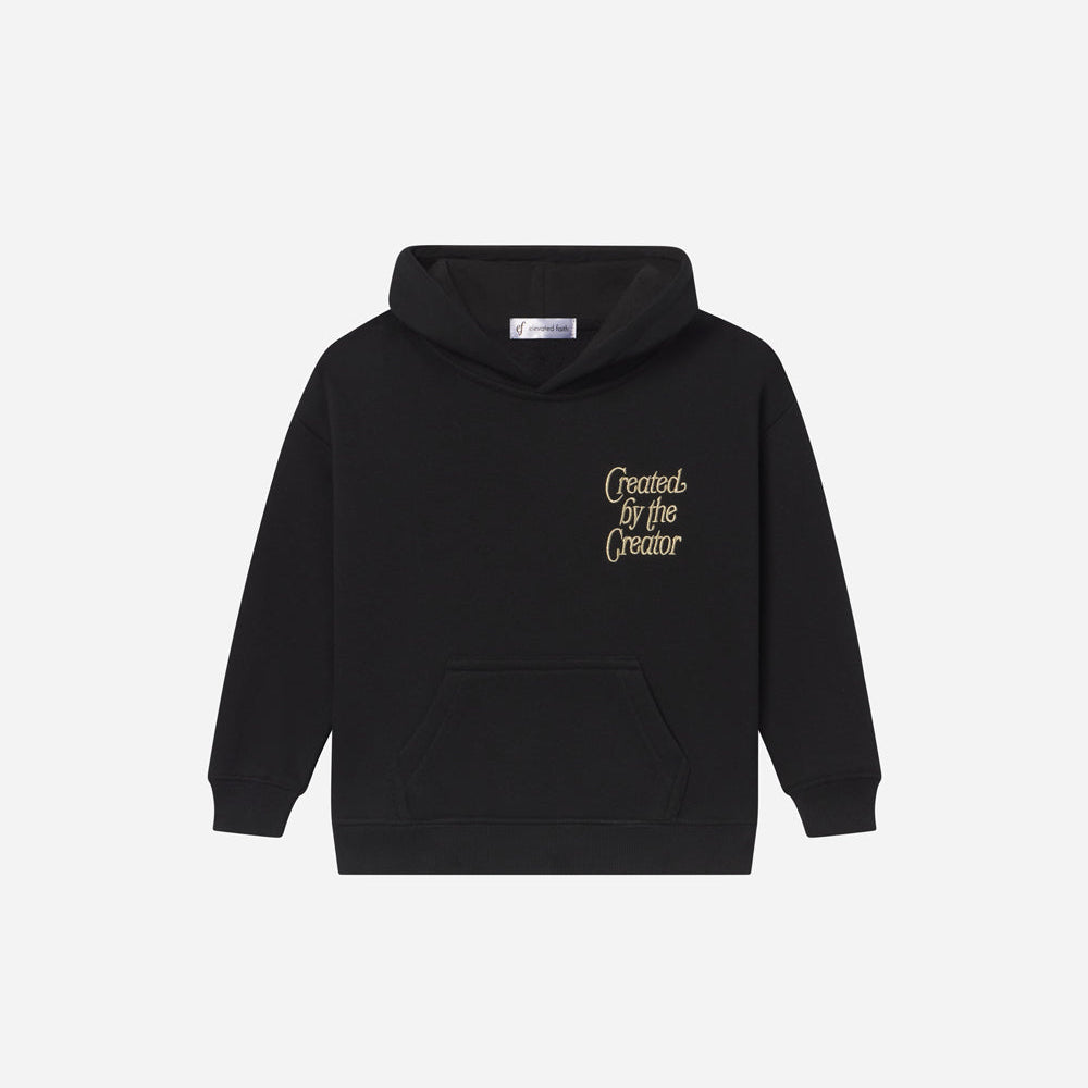 Black hoodie with text on the chest against a white background