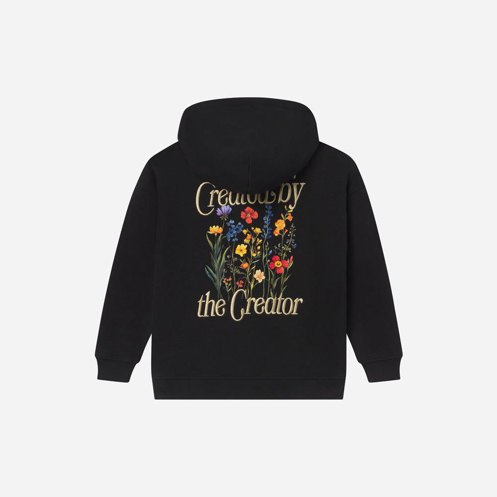 Black hoodie with floral design and text on the back against a white background