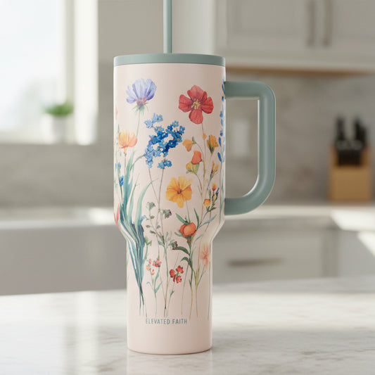 Tumbler with floral design and handle on a white background