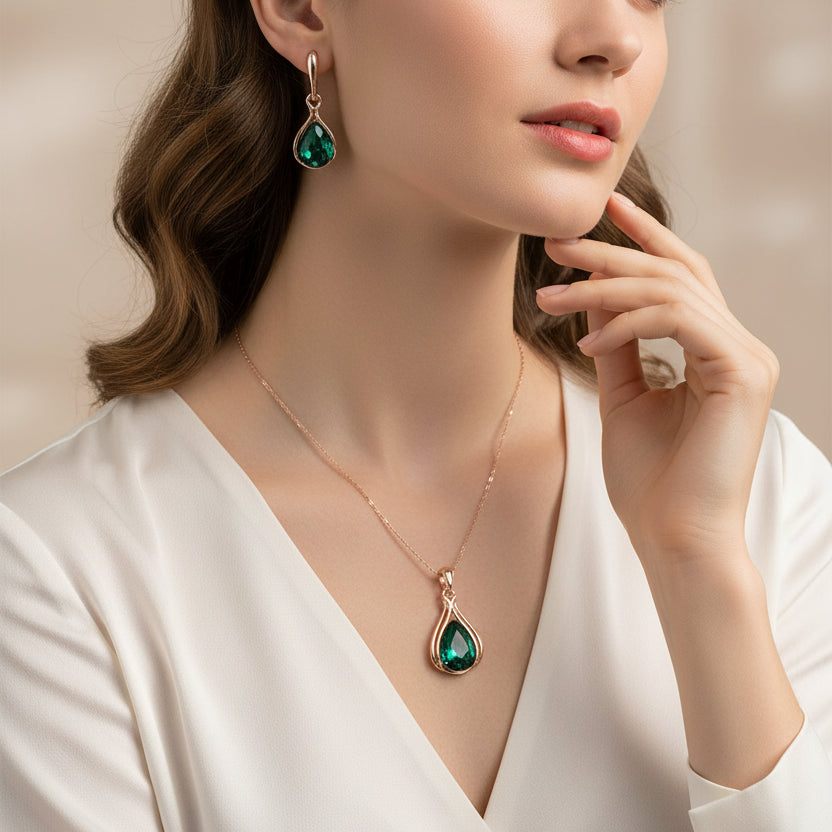 Crystal Rose Gold Water Drop Green Jewelry Set - Kim’s Signature Beauty & Accessories