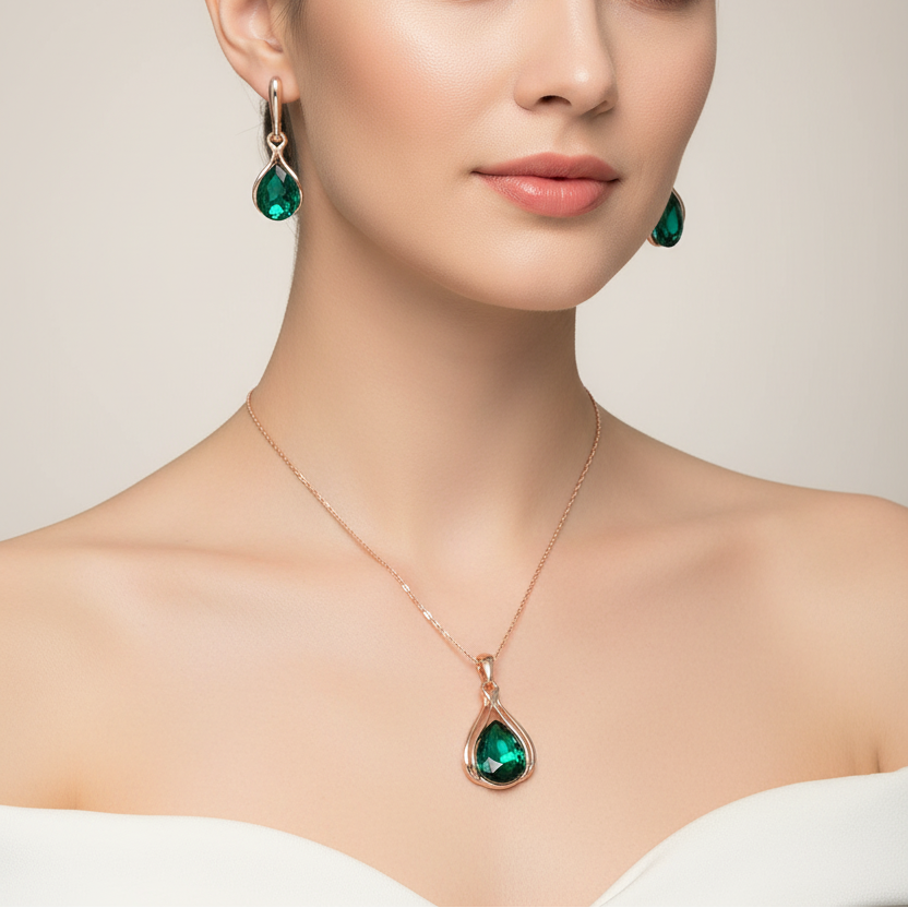 Crystal Rose Gold Water Drop Green Jewelry Set - Kim’s Signature Beauty & Accessories