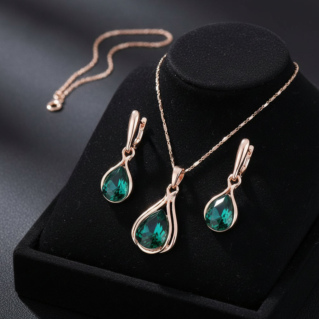 Crystal Rose Gold Water Drop Green Jewelry Set - Kim’s Signature Beauty & Accessories