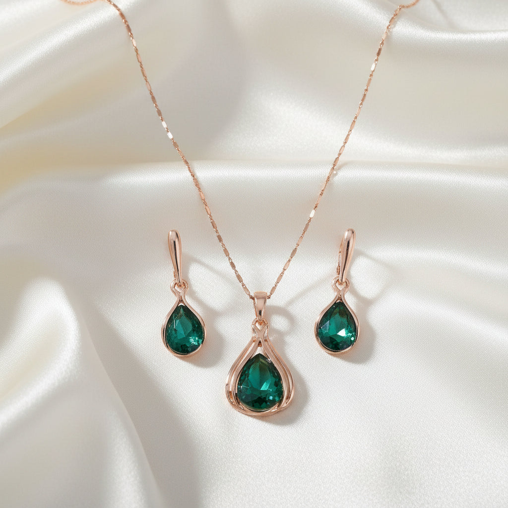 Crystal Rose Gold Water Drop Green Jewelry Set - Kim’s Signature Beauty & Accessories