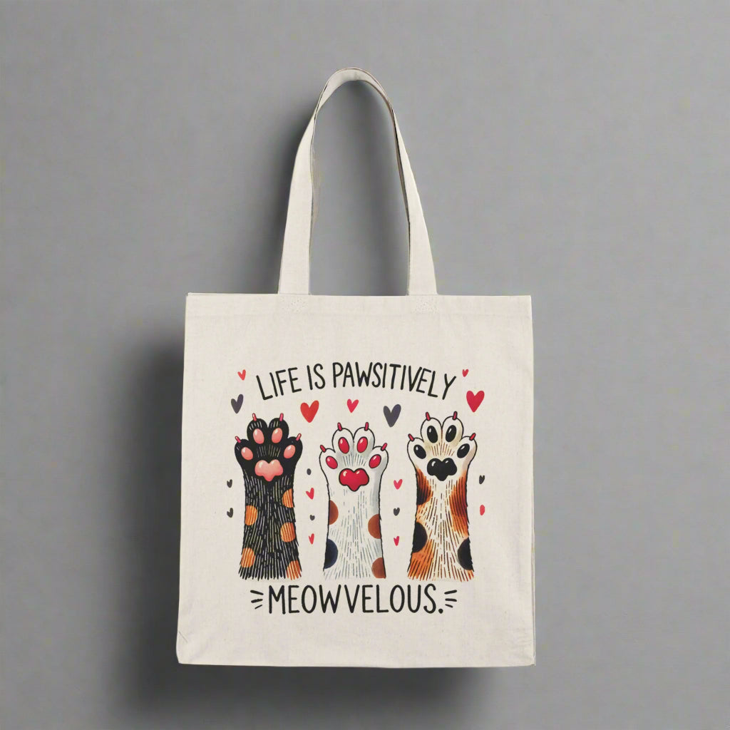 Cute Cat Lovers Tote Bag - 'Life Is Pawsitively Meowvelous' - Kim’s Signature Beauty & Accessories    