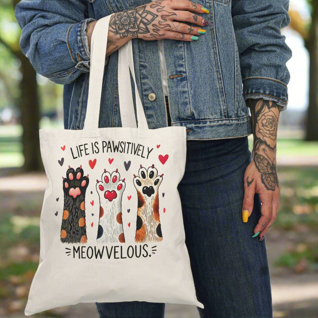 Cute Cat Lovers Tote Bag - 'Life Is Pawsitively Meowvelous' - Kim’s Signature Beauty & Accessories    