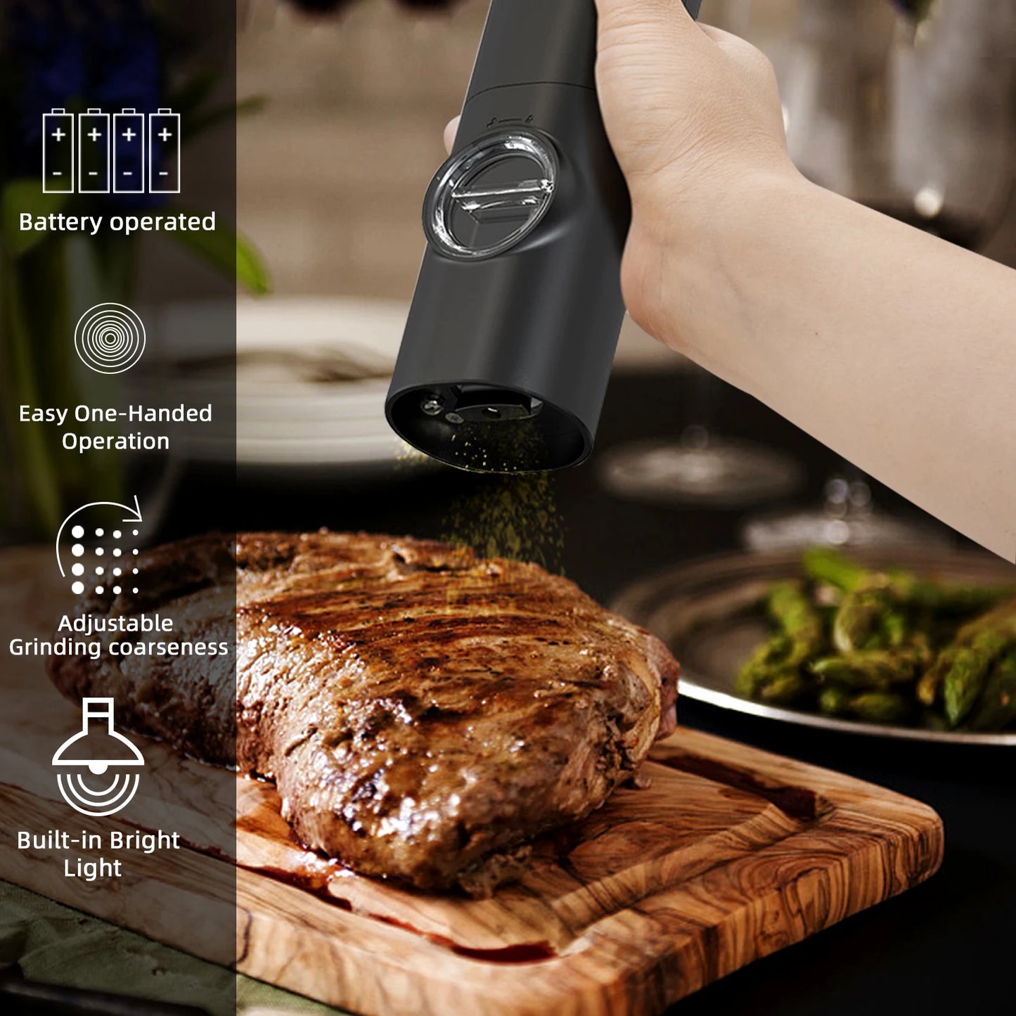 Electric Automatic Mill Pepper And Salt Grinder With Base Set Battery Powered With LED Light Adjustable Coarseness Kitchen Tool - Kim’s Signature Beauty & Accessories    