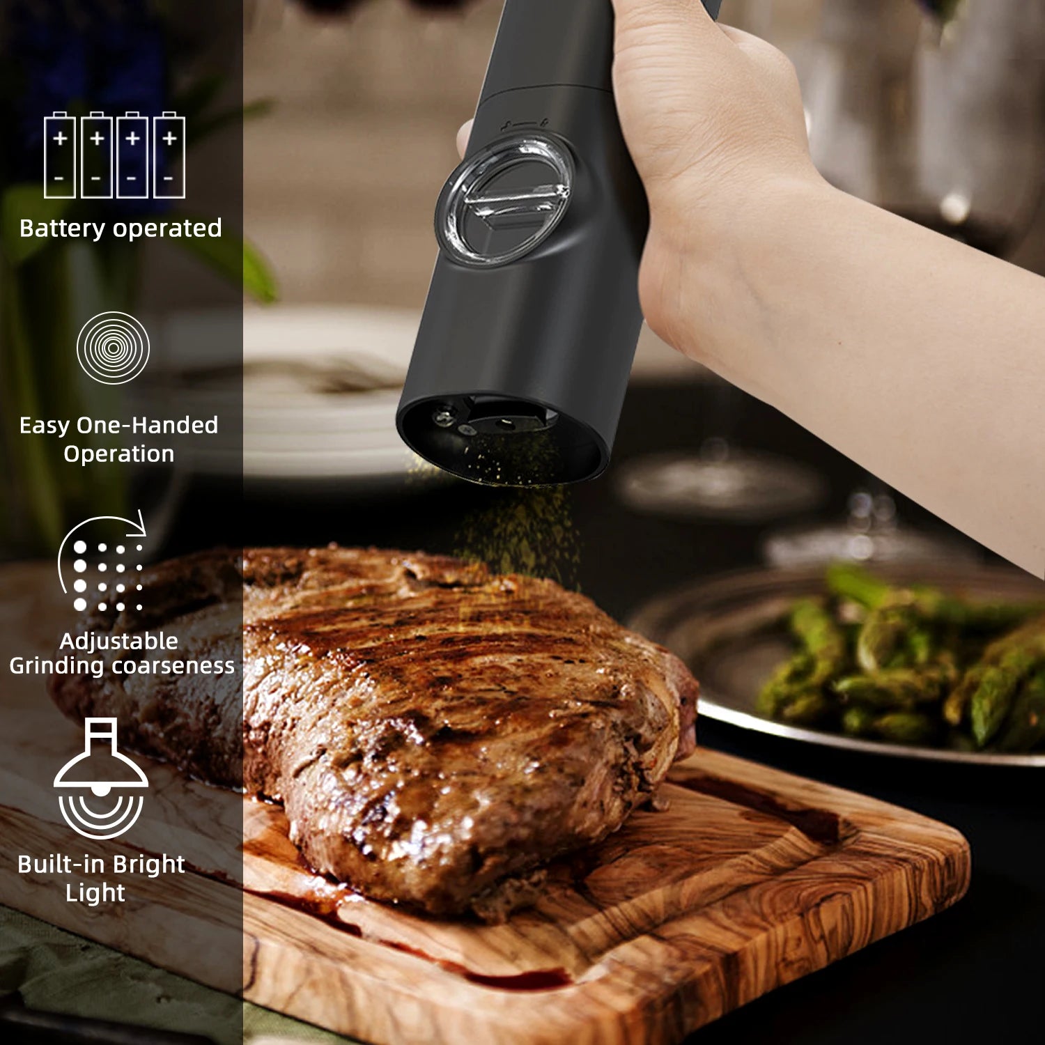 Electric Automatic Mill Pepper And Salt Grinder With Base Set Battery Powered With LED Light Adjustable Coarseness Kitchen Tool - Kim’s Signature Beauty & Accessories    