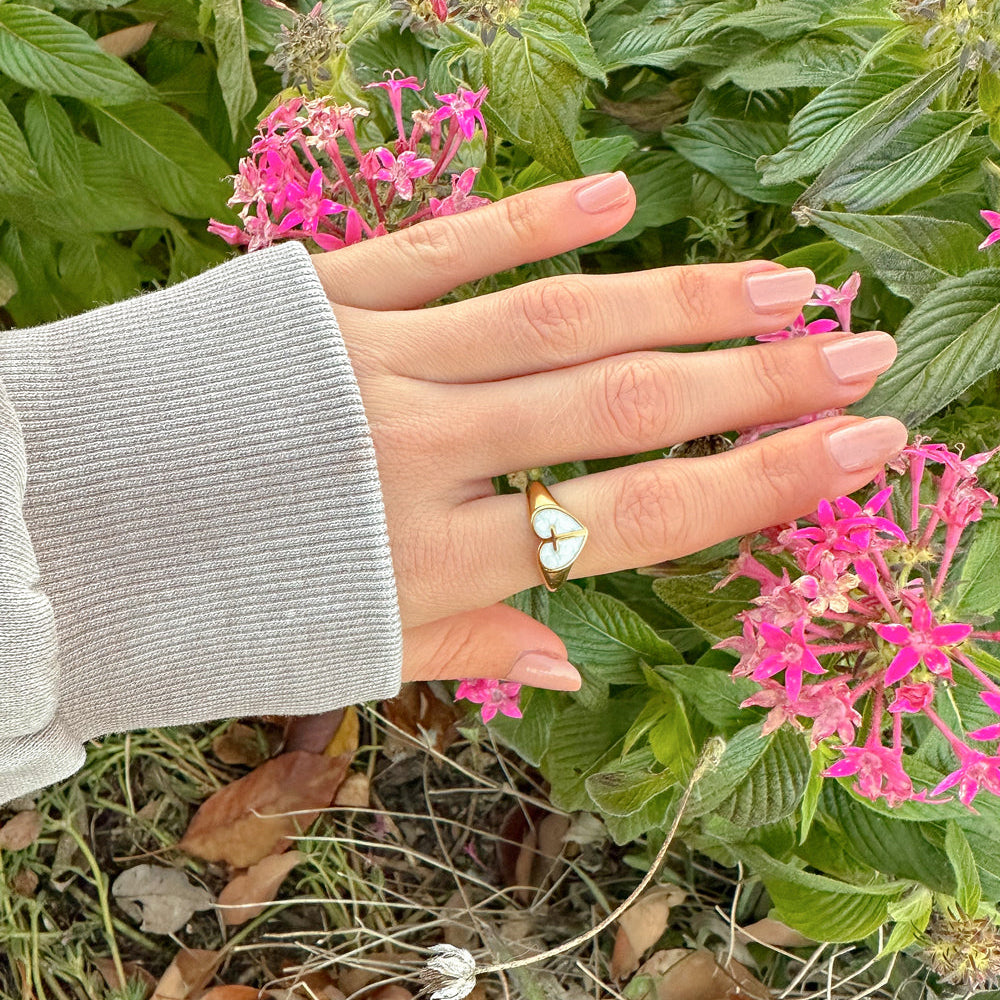 Hand with a ring in front of pink flowers and green leaves