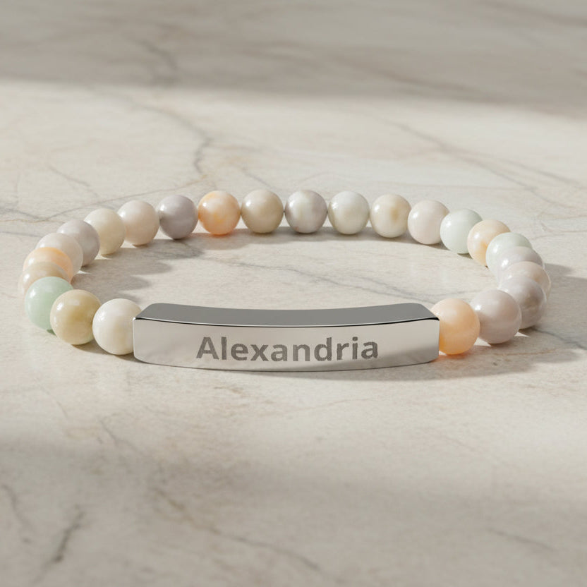Engravable Natural Stone Stretch Bead Bracelet — Personalized Bar - Kim’s Signature Beauty & Accessories