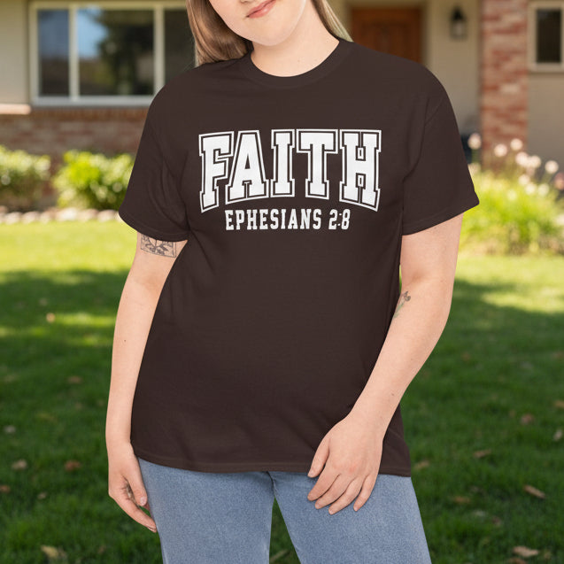 Faith Ephesians 2:8 T-Shirt – Christian Varsity Style Tee - Kim’s Signature Beauty & Accessories