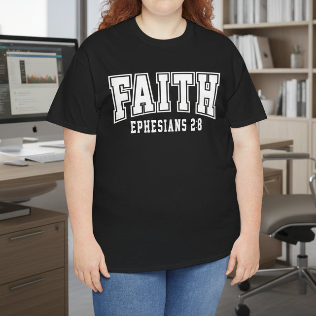 Faith Ephesians 2:8 T-Shirt – Christian Varsity Style Tee - Kim’s Signature Beauty & Accessories