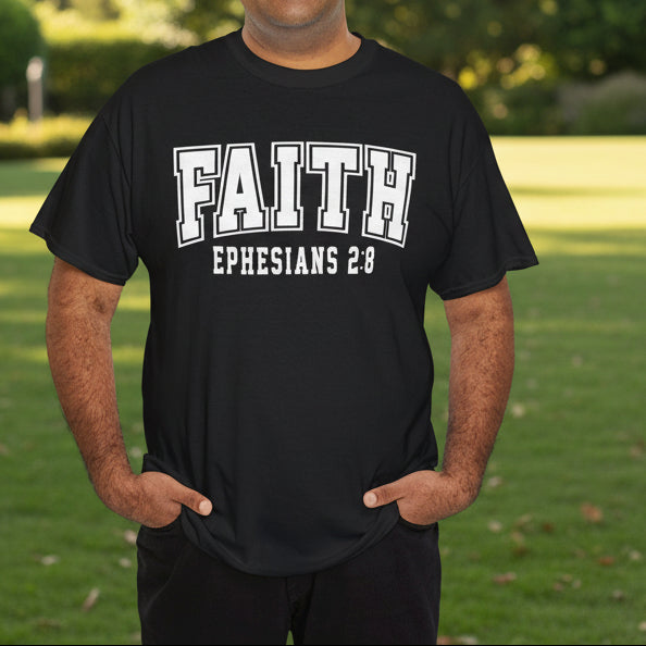 Faith Ephesians 2:8 T-Shirt – Christian Varsity Style Tee - Kim’s Signature Beauty & Accessories