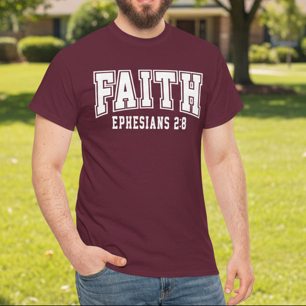 Faith Ephesians 2:8 T-Shirt – Christian Varsity Style Tee - Kim’s Signature Beauty & Accessories