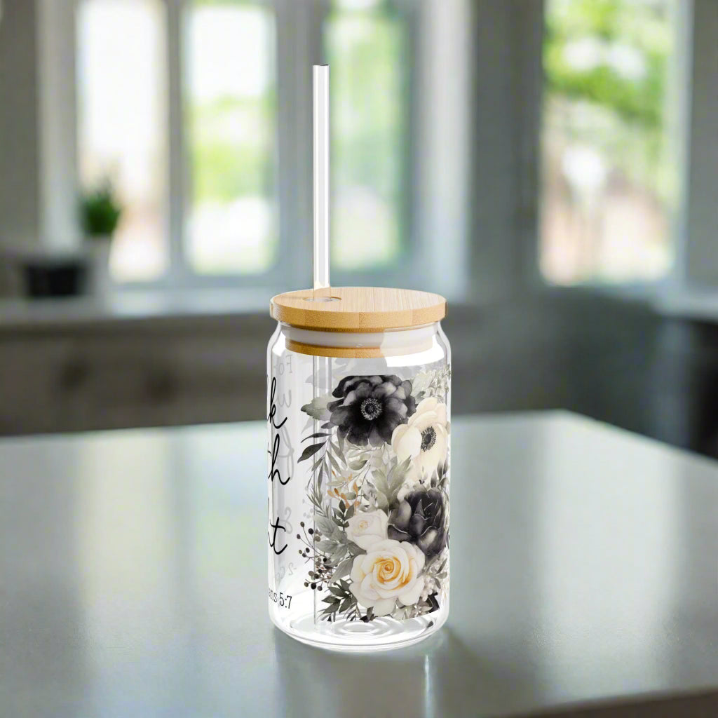 Faith-Inspired Floral Sipper Glass - 16oz with Straw - Kim’s Signature Beauty & Accessories    