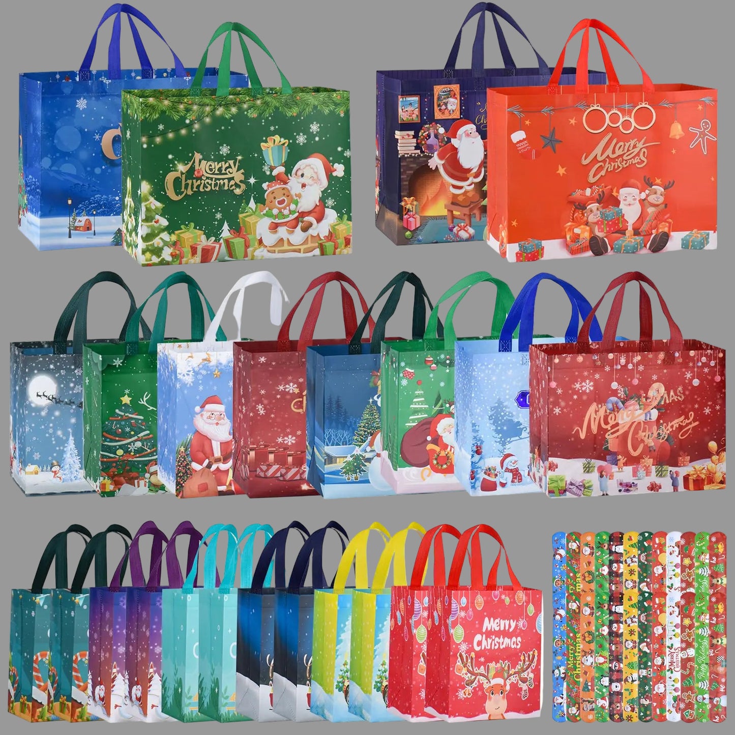 Collection of Christmas-themed gift bags in various designs and colors.