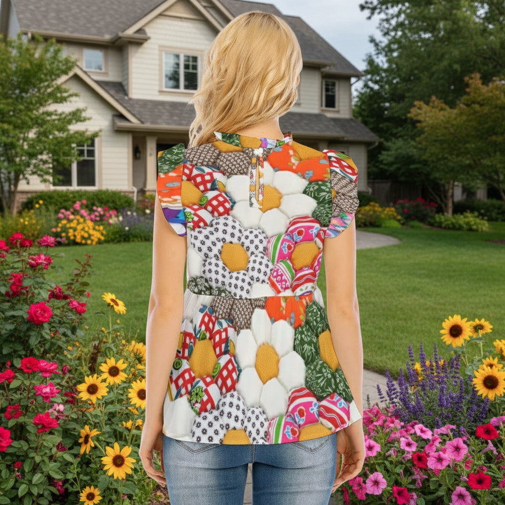 Floral Lotus Sleeve Blouse – Casual Loose Fit Top with Ruffle Sleeves - Kim’s Signature Beauty & Accessories    