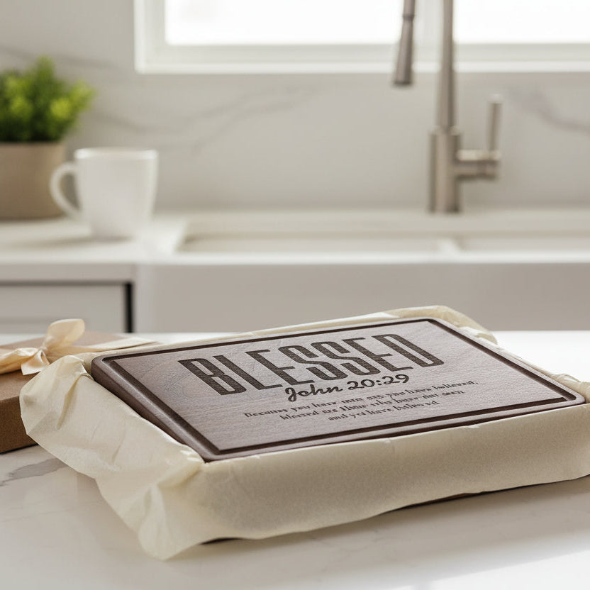 Wooden plaque with engraved text 'Blessed John 20:29' on a white background