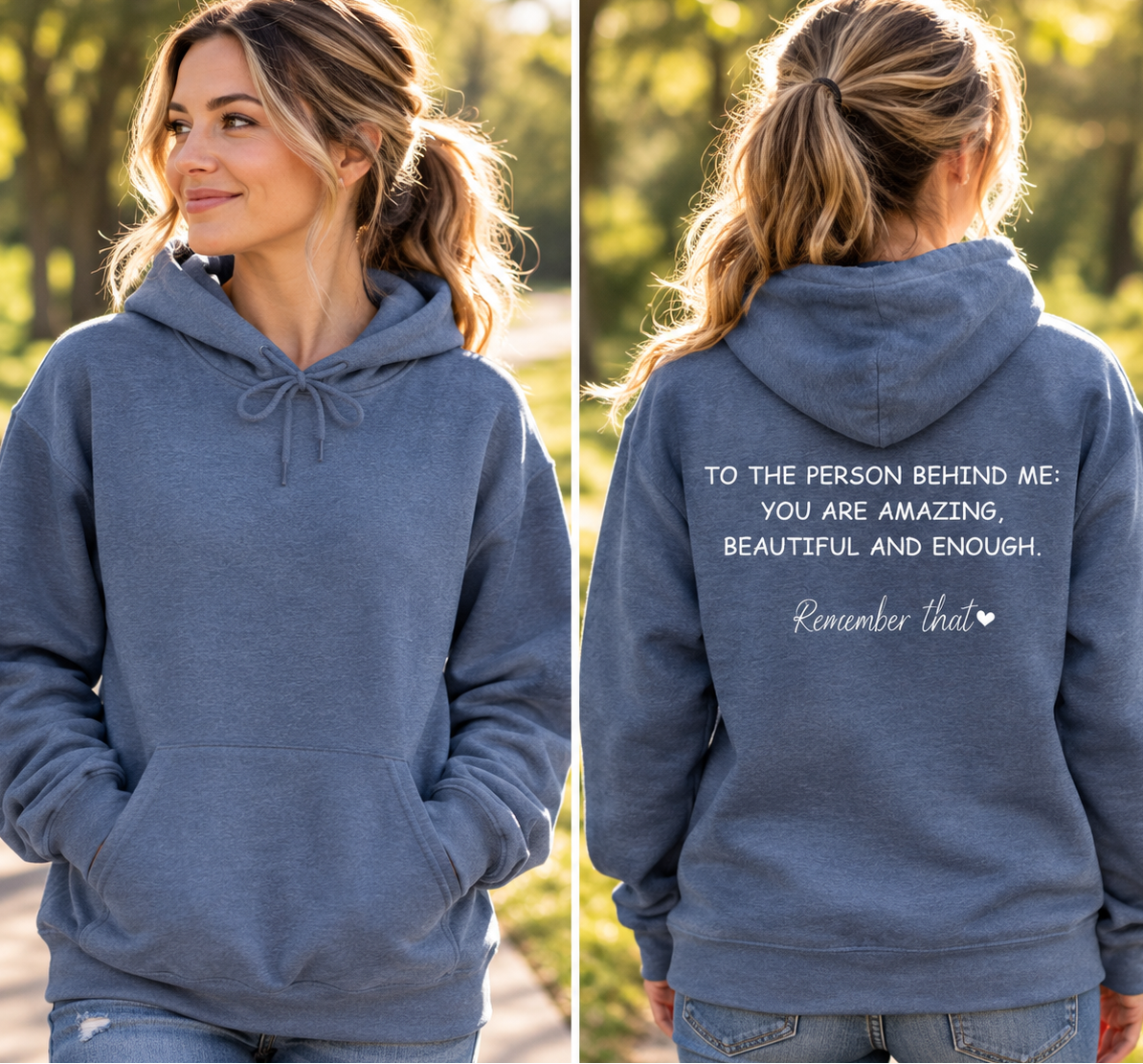 A woman modeling a slate blue hoodie in an outdoor setting, shown from both the front and back. The front view shows the classic pullover design with a drawstring hood and kangaroo pockets.