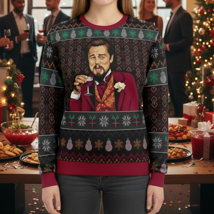 Person wearing a festive sweater with a design on a white background