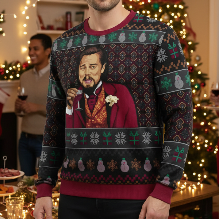 Man wearing a festive sweater with a colorful design on a white background