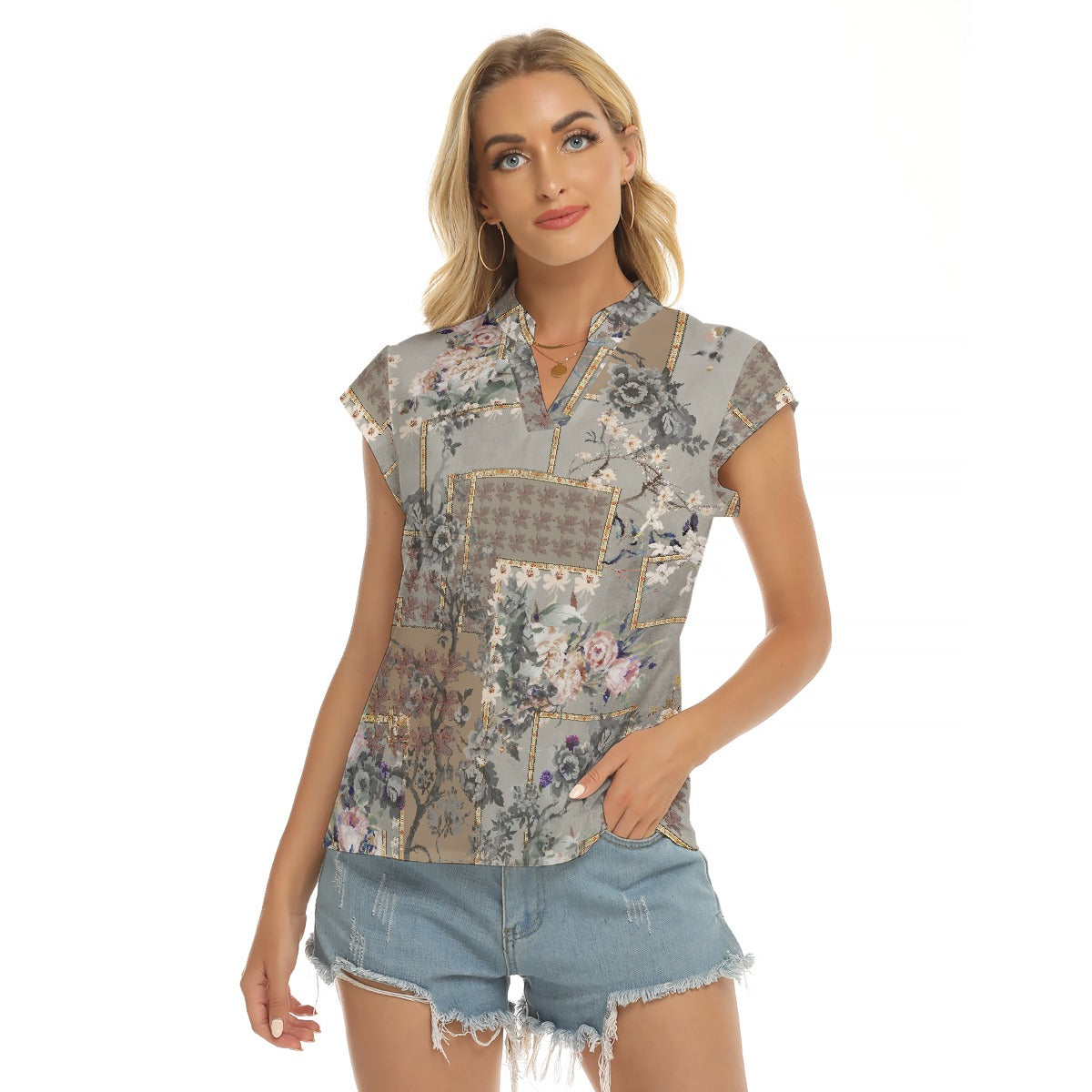Geo Print Women's V-neck Blouse - Kim’s Signature Beauty & Accessories    
