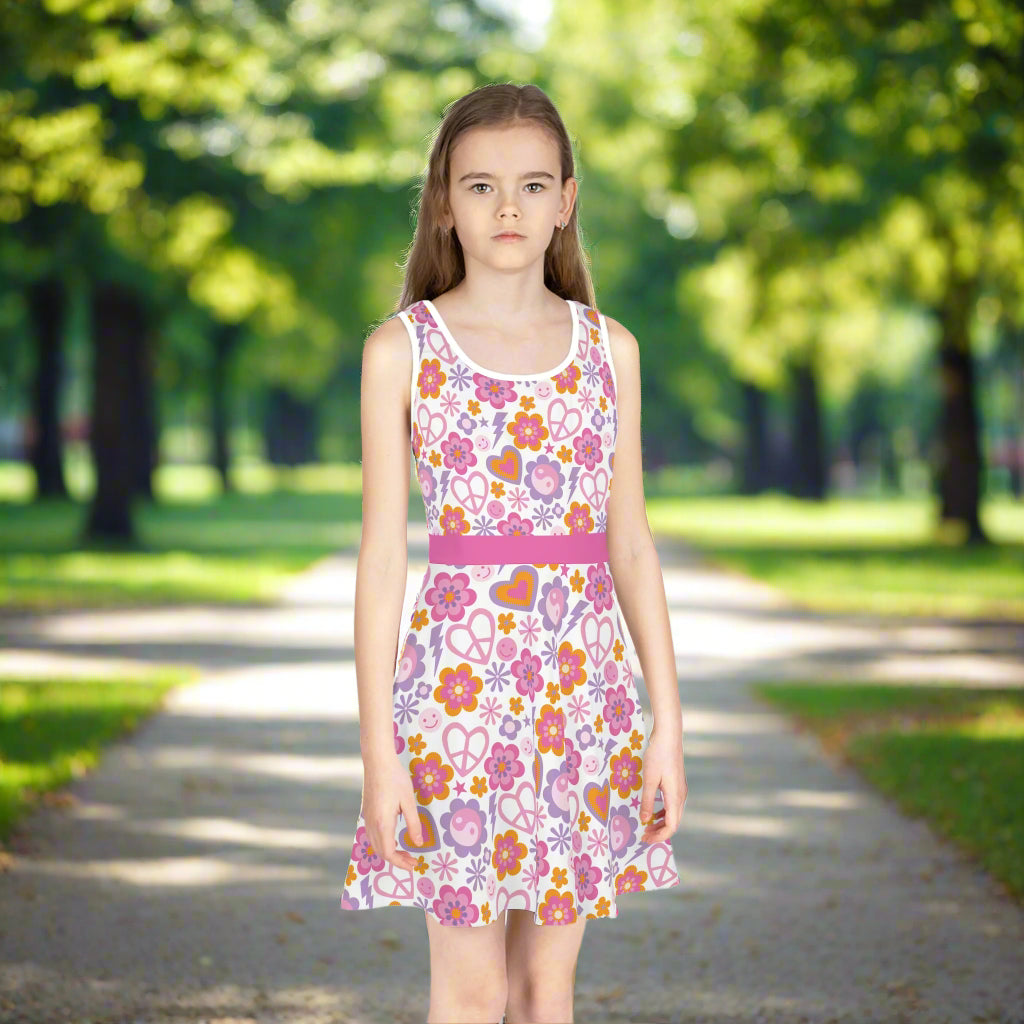 🌸✌️ Girls' Floral Peace Sign Sundress – Colorful & Playful Summer Dress - Kim’s Signature Beauty & Accessories    