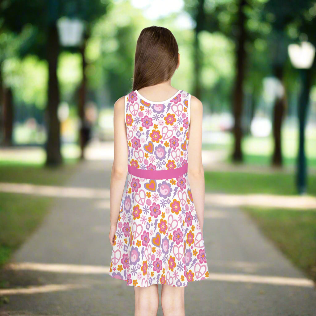 🌸✌️ Girls' Floral Peace Sign Sundress – Colorful & Playful Summer Dress - Kim’s Signature Beauty & Accessories    