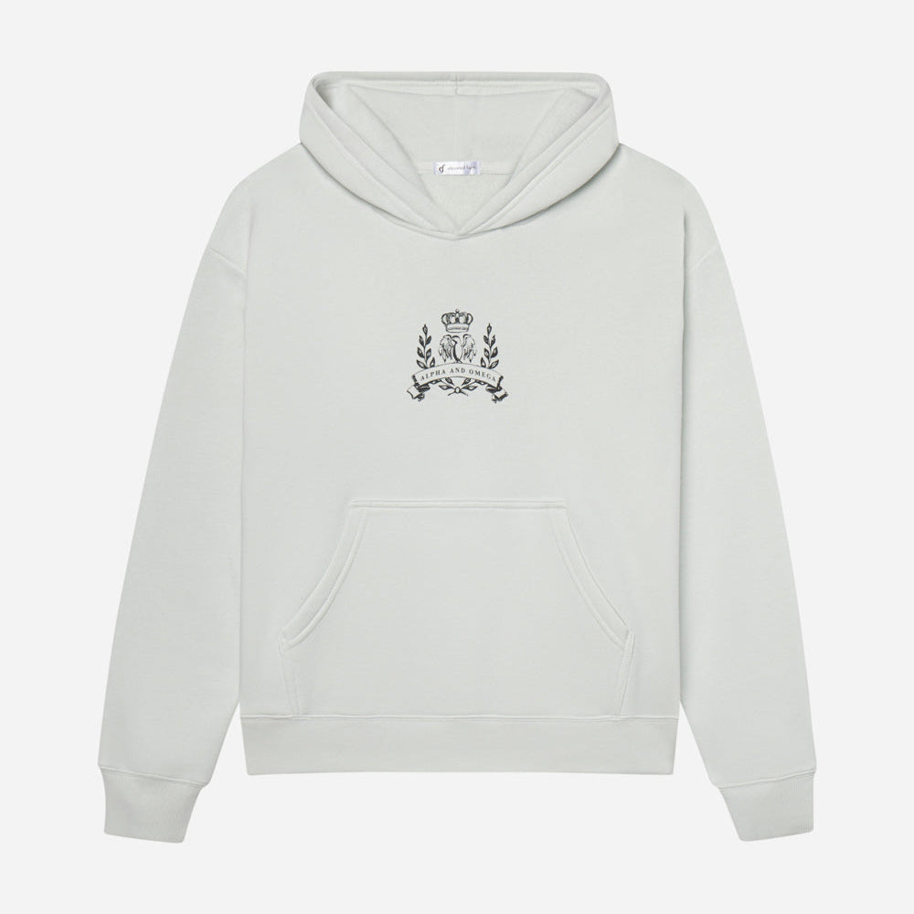 Light gray hoodie with a black emblem on a white background