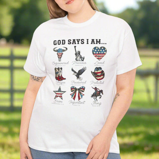 God Says I Am Patriotic Christian Tee - Kim’s Signature Beauty & Accessories